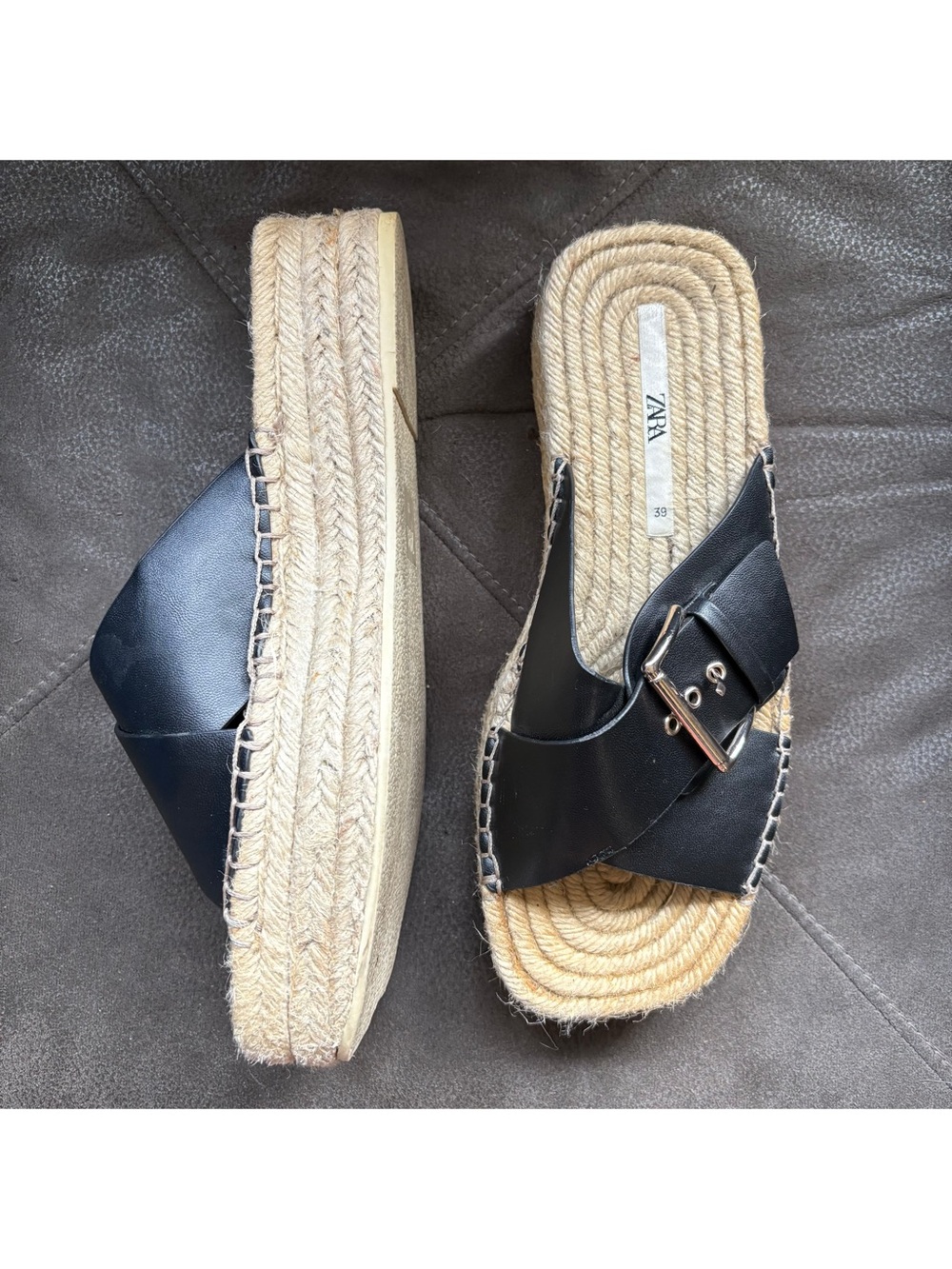 Zara Black Slip On Espadrille Platform Slide Sandals Strappy Chunky Flatform 8